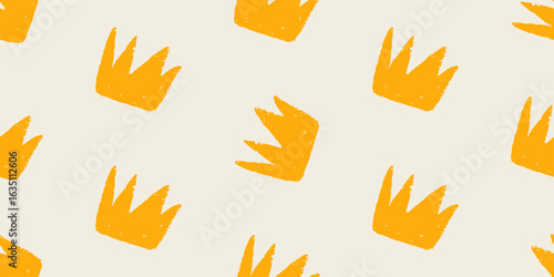 vector pattern with drawn crown shapes in bold brush style and playful painted texture, concept of kids textile, concept of modern surface design