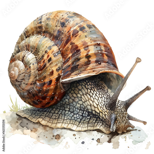 Large Land Snail, watercolor clipart vector, isolated on a white background.