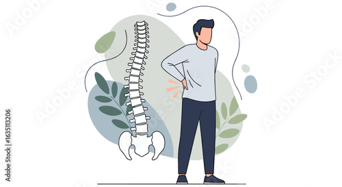 A man suffers from lower back pain, highlighting spinal discomfort with an anatomical illustration of the human vertebral column.