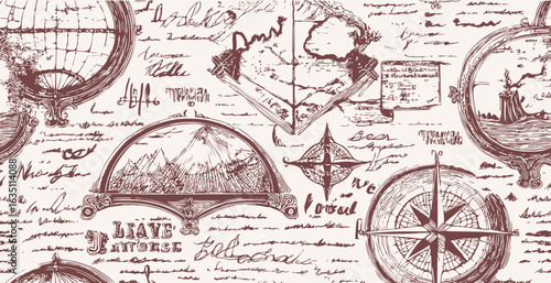 Travel themed old pattern of abstract illegible handwritten text. Vintage grunge bad calligraphy script, notes, book document. Vector illustration of monochrome unreadable handwriting cursive poetry 