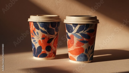 Two coffee cups with floral designs in sunlight