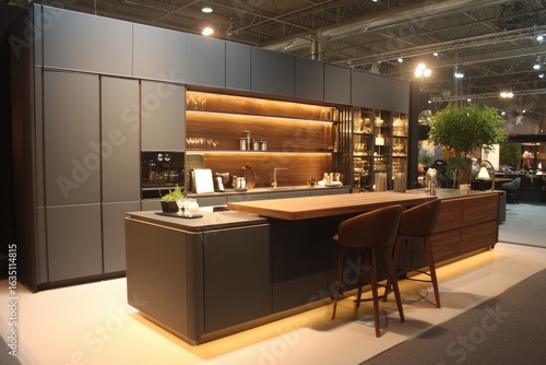 Modern, dark gray kitchen island with wooden accents