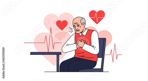 An elderly man experiences chest pain and shortness of breath, possibly indicating a heart attack, with heart rate lines emphasizing the medical emergency.
