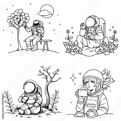 Cute Astronaut Sitting And Reading In Nature