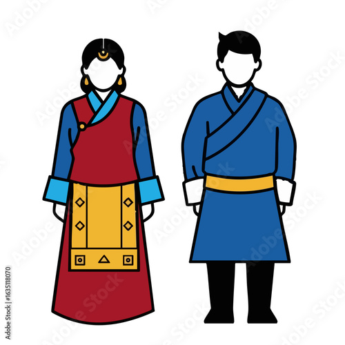 Bhutia Bakhu Kho Traditional Couple Vector - Sikkim Tibetan Buddhist Cultural Logo