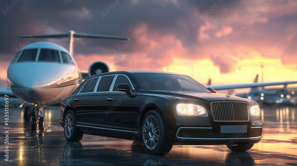 Fototapeta premium View of black luxury limousine car with private white jet in the background at the airport, private luxury escort. sunset