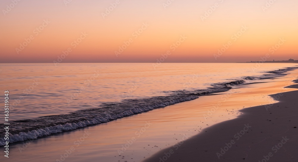 Obraz premium Serene Beach Sunset with Gentle Waves and Distant City Silhouette