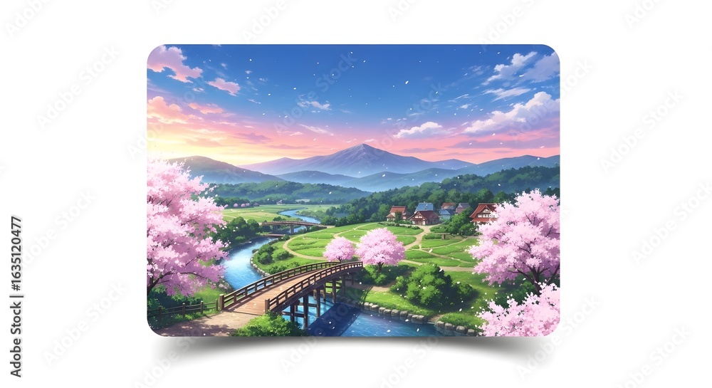 Naklejka premium Anime Spring Landscape with Sakura Blossoms and Mountain