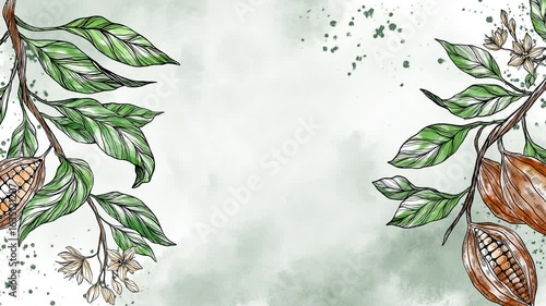 Animated background with watercolor cocoa pods and leaves, ideal for cafe videos, chocolate ads, coffeehouse menus, packaging motion design, or tropical botanical animations.