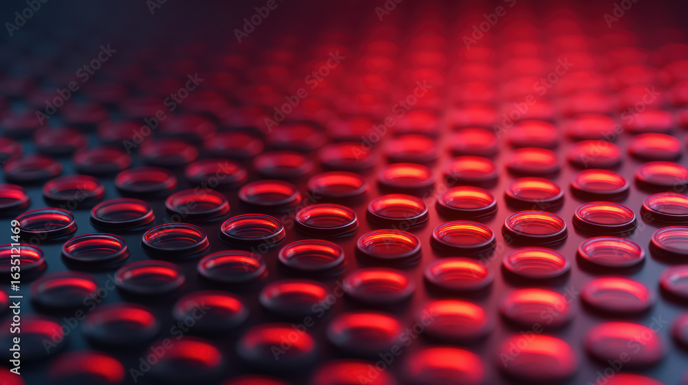 Fototapeta premium A close-up image featuring numerous circular, glass-like objects reflecting red light against a dark background.