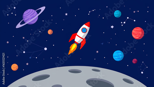 Fototapeta Naklejka Na Ścianę i Meble -  Colorful cartoon illustration of a rocket flying in space surrounded by planets, stars, and constellations
