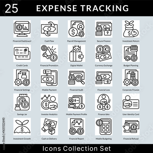 Expense Tracking icon set collection in outline style. an icon pack contain secure finance, investment return, credit cards, financial promotion, digital wallet, currency exchange