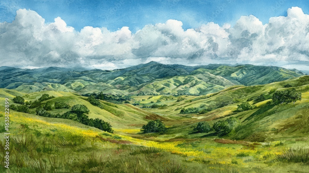 Obraz premium Watercolor painting of a valley landscape