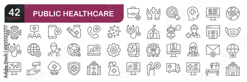 Public healthcare icons set. Web line icons collection related medical, clinic, hospital. Editable stroke