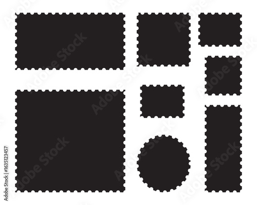 Set of blank postage stamps with empty paper design. Post stamp frame and border. Zigzag edge and scallop edge. Rectangle shape frame with zigzag edge