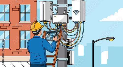 Examining city communications equipment atop utility pole. Person uses a tablet to inspect wireless transmitters and receivers, complex cabling, and signal boosting apparatuses.