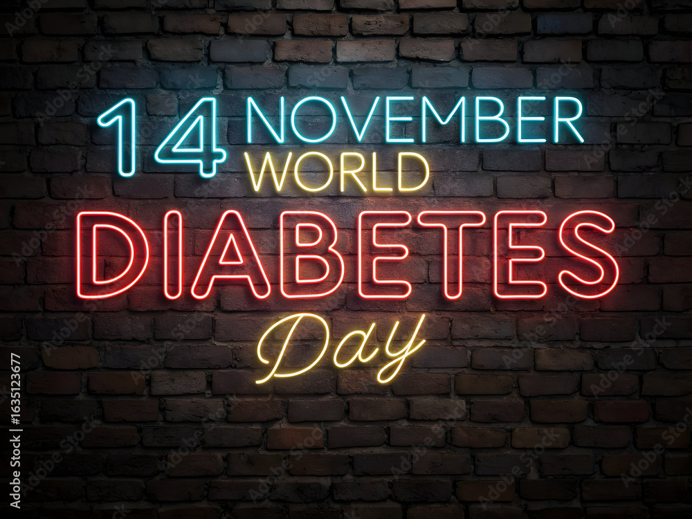 Obraz premium 14 November World Diabetes Day neon sign glowing on brick wall image