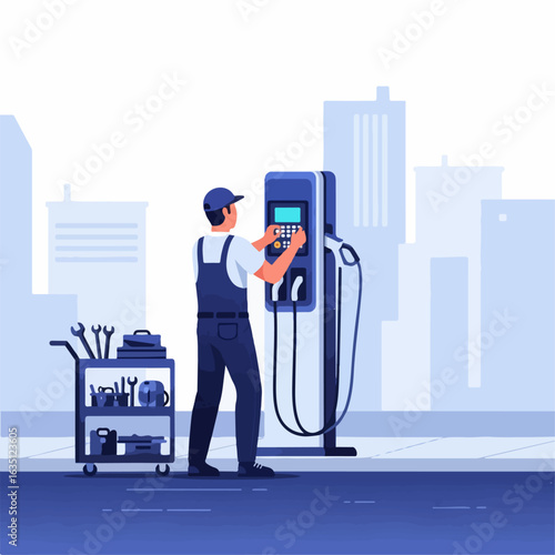 Technician at electric car charger station performs maintenance on public charging station. Electric car charger services include diagnosis and repair of electrical faults,