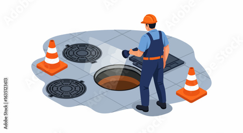 Looking into manhole with worker holding flashlight. Worker examines deep manhole, surrounded by traffic cones, wearing safety uniform and hard hat.