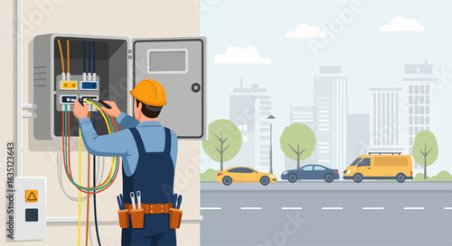 City communications technician works on electrical panel with city view. City communications setup shows wires and electrical connections in indoor and outdoor setting.