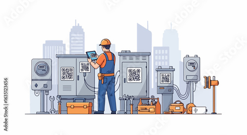 Technician using tablet for city communications in front of electrical boxes. City communications worker inspecting boxes with tools for maintenance.