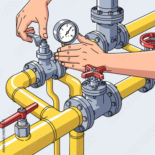 City communications concept with pipeline system controlled by worker in gloves. Complex pipeline system includes many pipelines connected by flanges and valves, worker monitors gauges.