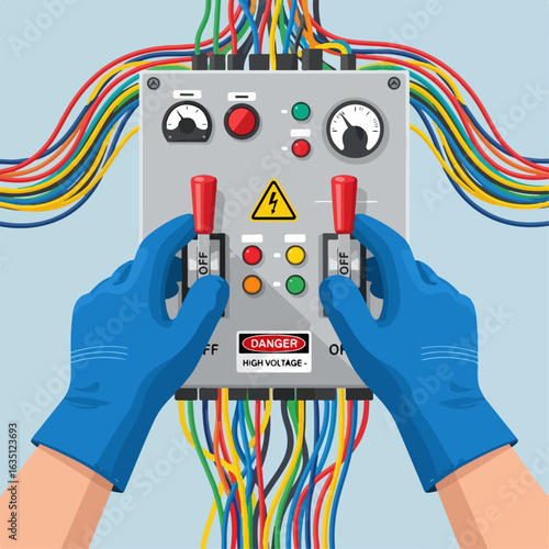 Electric panel being operated with colorful wires for communication systems in city. Electric panel features switches, meters, and vibrant wiring connected to different circuits for energy management.
