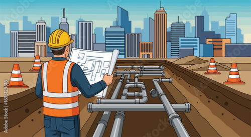 Worker inspecting city communications infrastructure blueprint, with urban skyline in background. City communications inspection involves drainage pipes, conduits, and traffic cones.
