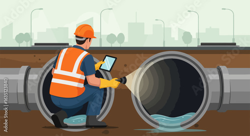 Sewer inspection with worker, pipes, and water leakage in city environment. Sewer inspection details show man using flashlight, wearing uniform, hard hat, and protective gloves in sewer.