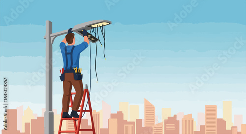 City communications worker repairing street light on ladder with skyline in background. City communications include repairing broken electric system and cables connected to lamp.