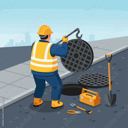 Manhole maintenance in city streets with technician removing manhole cover. Manhole maintenance includes various tools such as a yellow toolbox, shovel, pliers and safety vest.
