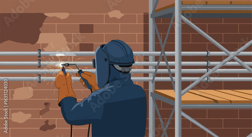 Metalwork repairs with welding torch on brick wall, seen in action. Worker uses welding torch and wears protective gear like mask, gloves and uniform.
