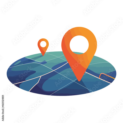 Two orange map pins on a stylized blue map with grid lines