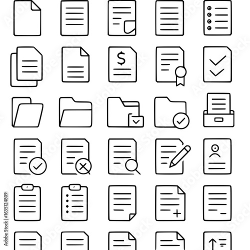 Collection of document and folder icons in a grid format, representing various file types and actions.