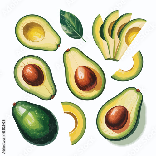 Fresh ripe avocados halved sliced and whole with leaf