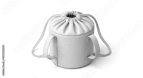 A cylindrical white cinch bag with two handles posed on a white surface casting a subtle shadow