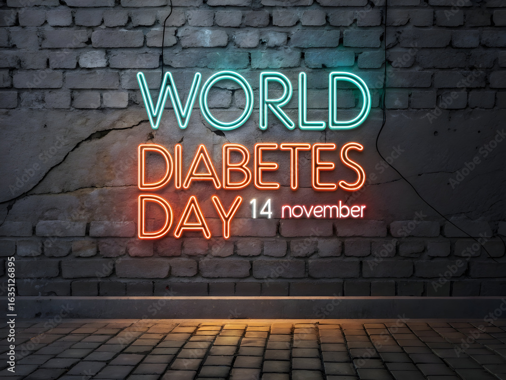 Naklejka premium World Diabetes Day neon text effect glowing on brick wall with cobblestone floor november