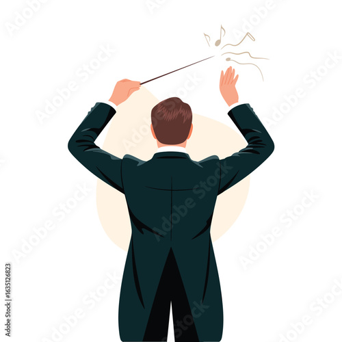 Orchestra conductor in a tailcoat directing with a baton