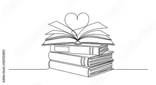 A line drawing of a stack of books with an open book at the top and a heart shape above it