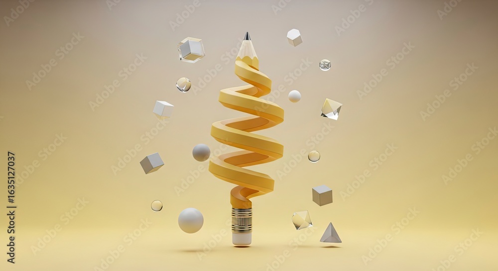 Obraz premium A pencil core spirals up encircled by geometric shapes on a gold backdrop