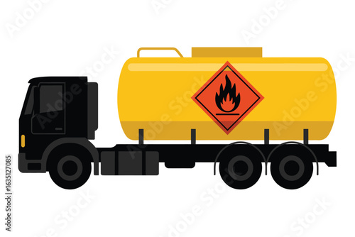 Yellow fuel tanker truck with flammable hazard symbol