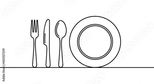 Minimalist line art of a place setting with fork, knife, spoon, and plate on a white background