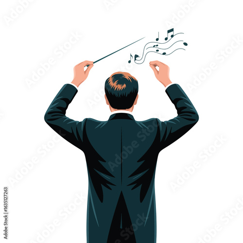 Orchestra conductor leading music with baton and musical notes