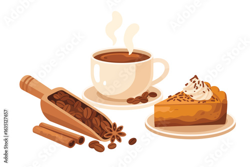 Warm coffee and pumpkin pie slice with cinnamon and star anise