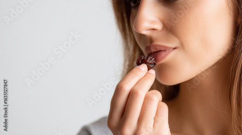 A woman doing mindful eating, holding a single raisin to her lips