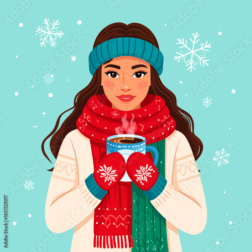Smiling woman in a cozy sweater red scarf and mittens holding a steaming mug of hot chocolate.