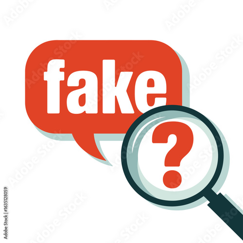 Magnifying glass over a speech bubble with the word fake and a question mark