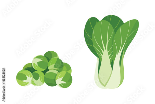 Fresh bok choy and a pile of chopped bok choy leaves on a white background