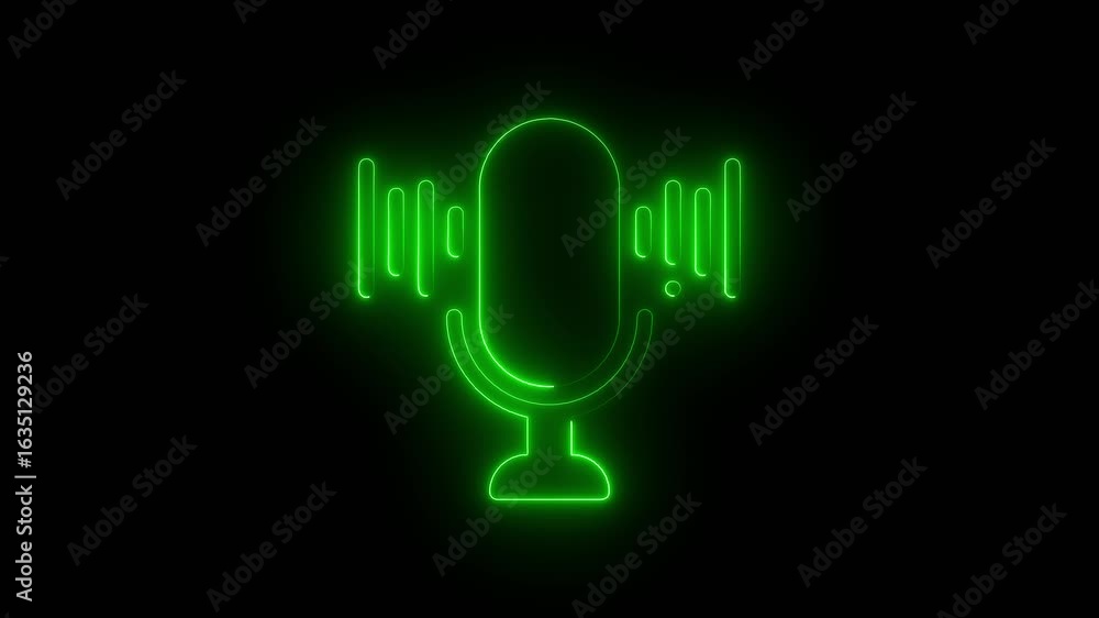 Green Neon Microphone With Sound Waves Abstract Background Digital Art Communication Concept Green Neon Microphone With Sound Waves Abstract Background Digital Art Communication Concept