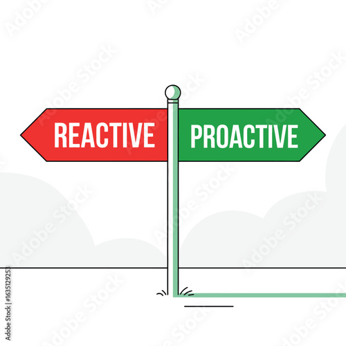 Signpost showing reactive versus proactive choices with red and green arrows